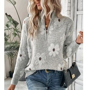 Grey Pullover Knit Flower Textured Zip Front